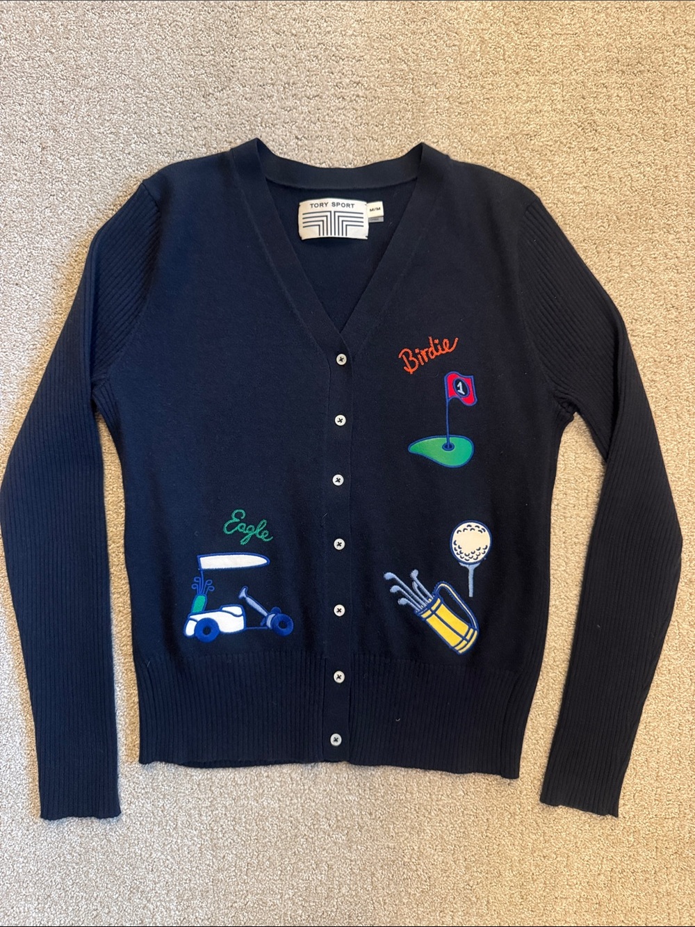 Tory BurchSport Women's Navy Golf Embroidered Cashmere blend Cardigan, Medium - Picture 1 of 10